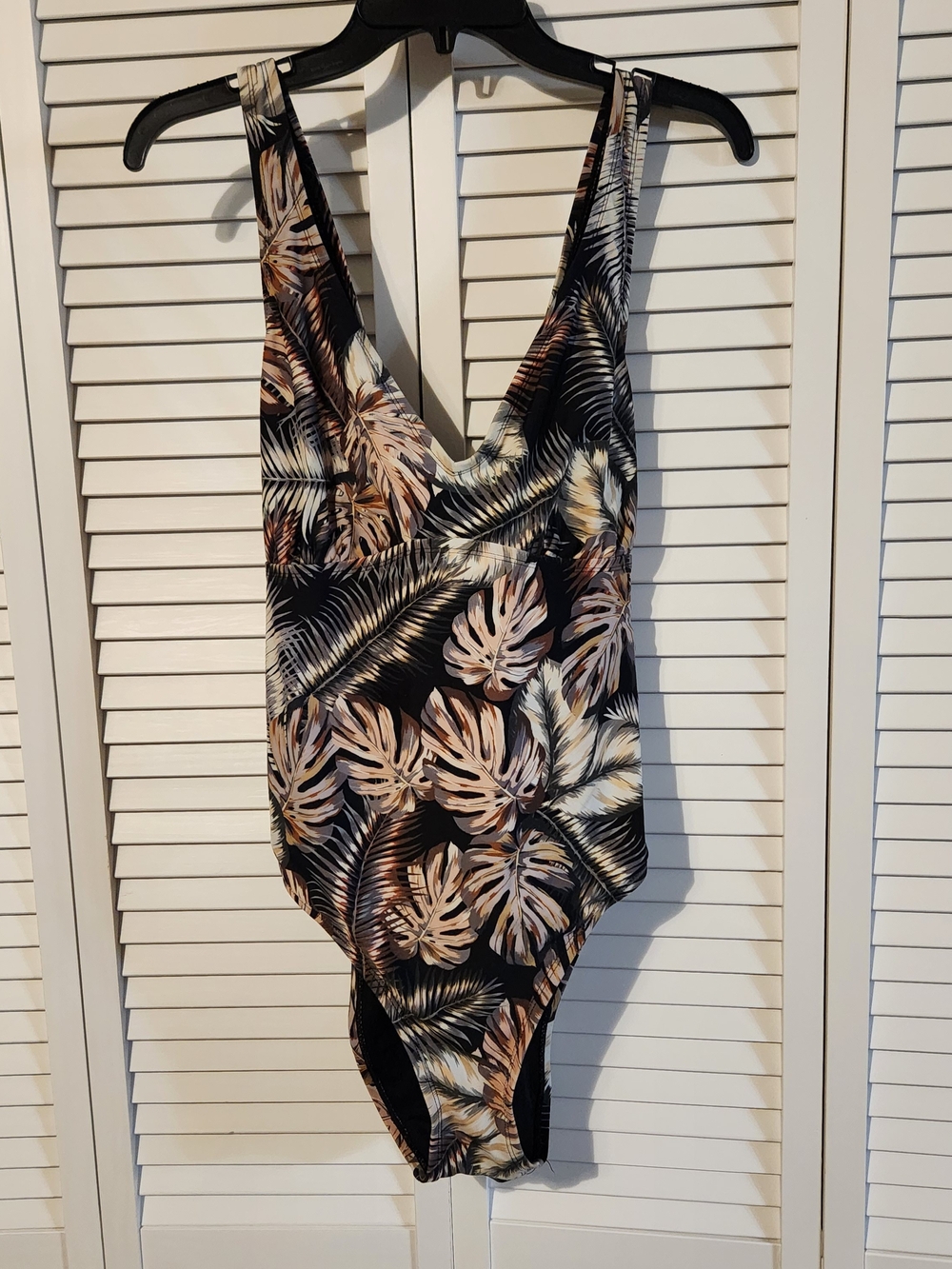 Hurley Black Tropical Leaf One-Piece Swimsuit with Beige Leaves